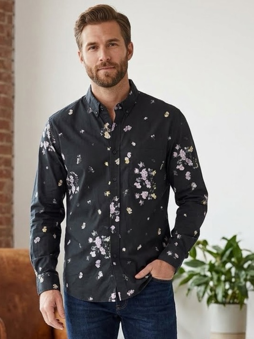 Club Monaco slim fit Men's Floral Button-Down Shirt-XL